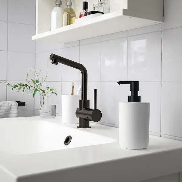 Набір аксесуарів для ванної кімнати IKEA 3 предмети дозатор, стакан і підставка, біло-чорний - фото 2