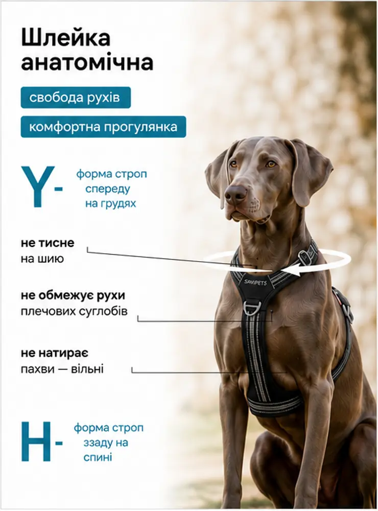 Шлея для собак Duomm No-Pull з повідцем, регульована та світловідбивна чорний, L - фото 5
