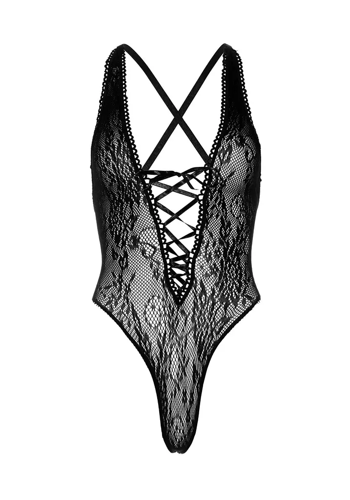 Мереживне боді Leg Avenue Floral lace thong teddy Black, шнурівка на грудях, one size - фото 4