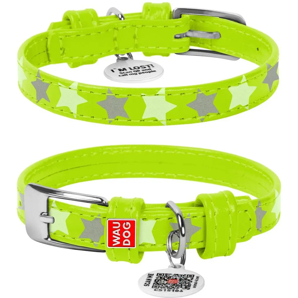 Нашийник для собак Waudog Glamour Зірочка, шкіряний, світловідбивний, світлонакопичуючий, з QR паспортом, XS, 21-29х1,2 см, салатовий - фото 3
