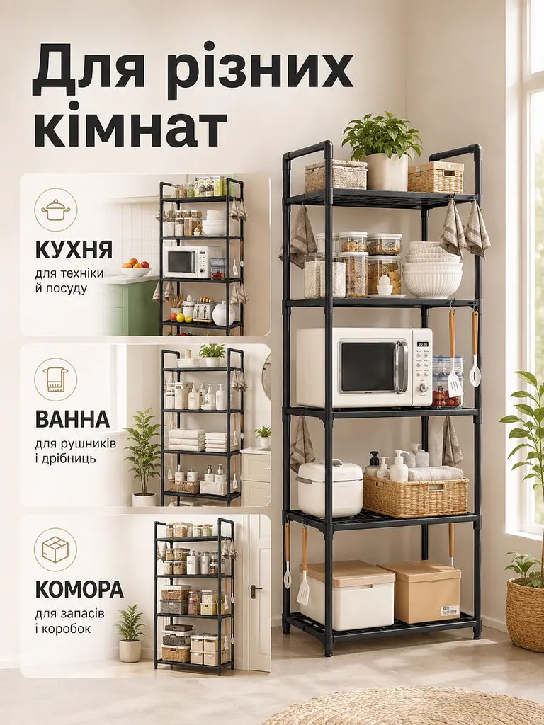 Полиця-органайзер етажерка 5 ярусів 147x50.5x27 см для кухні та ванної, чорна (49675903) - фото 3