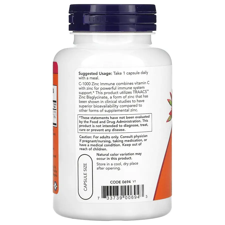 Вітамін С та цинк NOW Vitamin C-1000 & Zinc Immune, 90 вегакапсул для покращення  імунної системи - фото 3