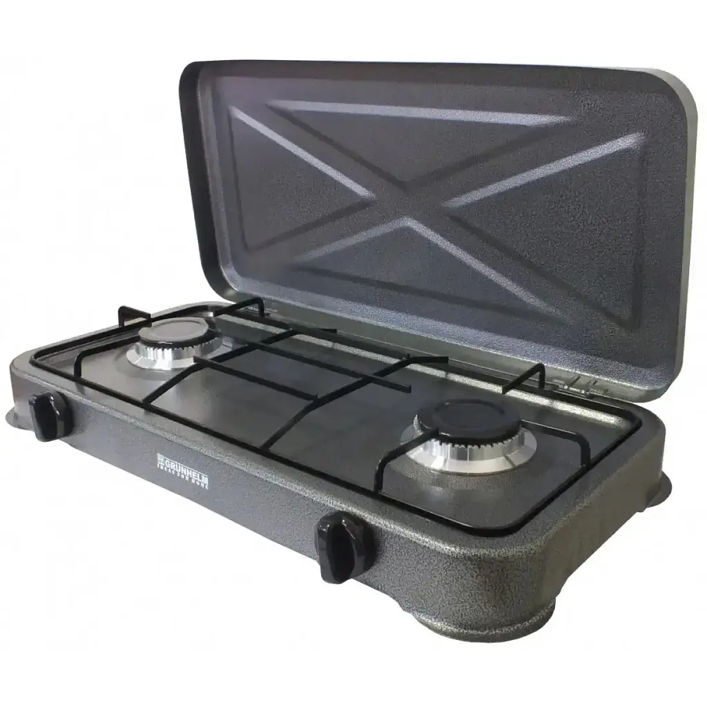 Настільна газова плита Grunhelm GGP-6012 на дві конфорки з кришкою для кемпінгу нержвіюча сталь Чорна - фото 6