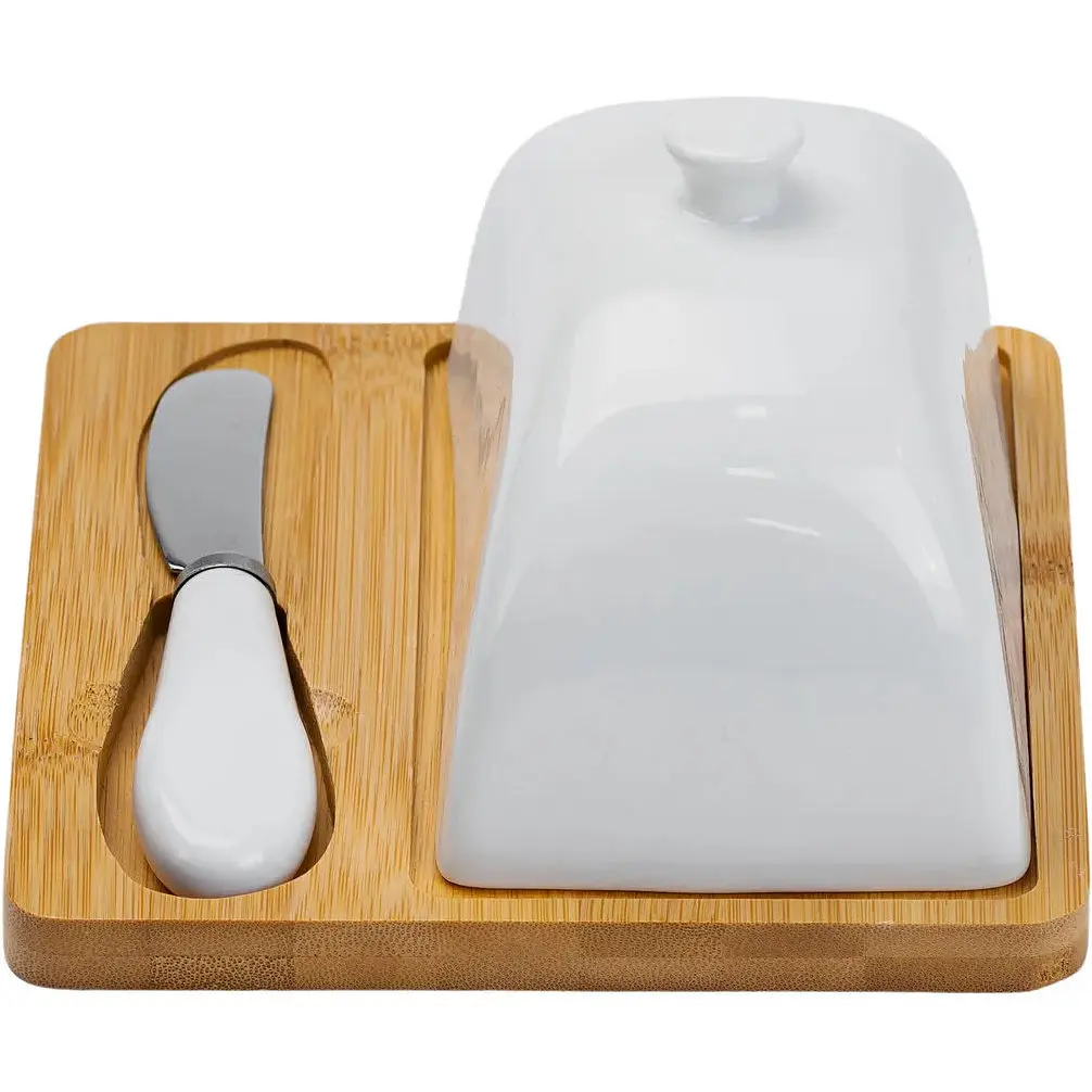Масленка Yiwu фарфоровая 15х15х9 см с ножом и бамбуковой подставкой HP1255 - фото 6