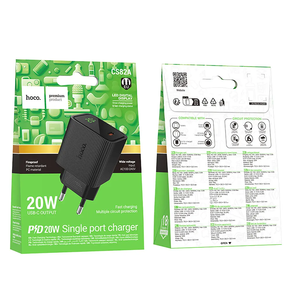 СЗУ Hoco CS82A Excellent single port PD20W charger with digital display(EU) Black - фото 2
