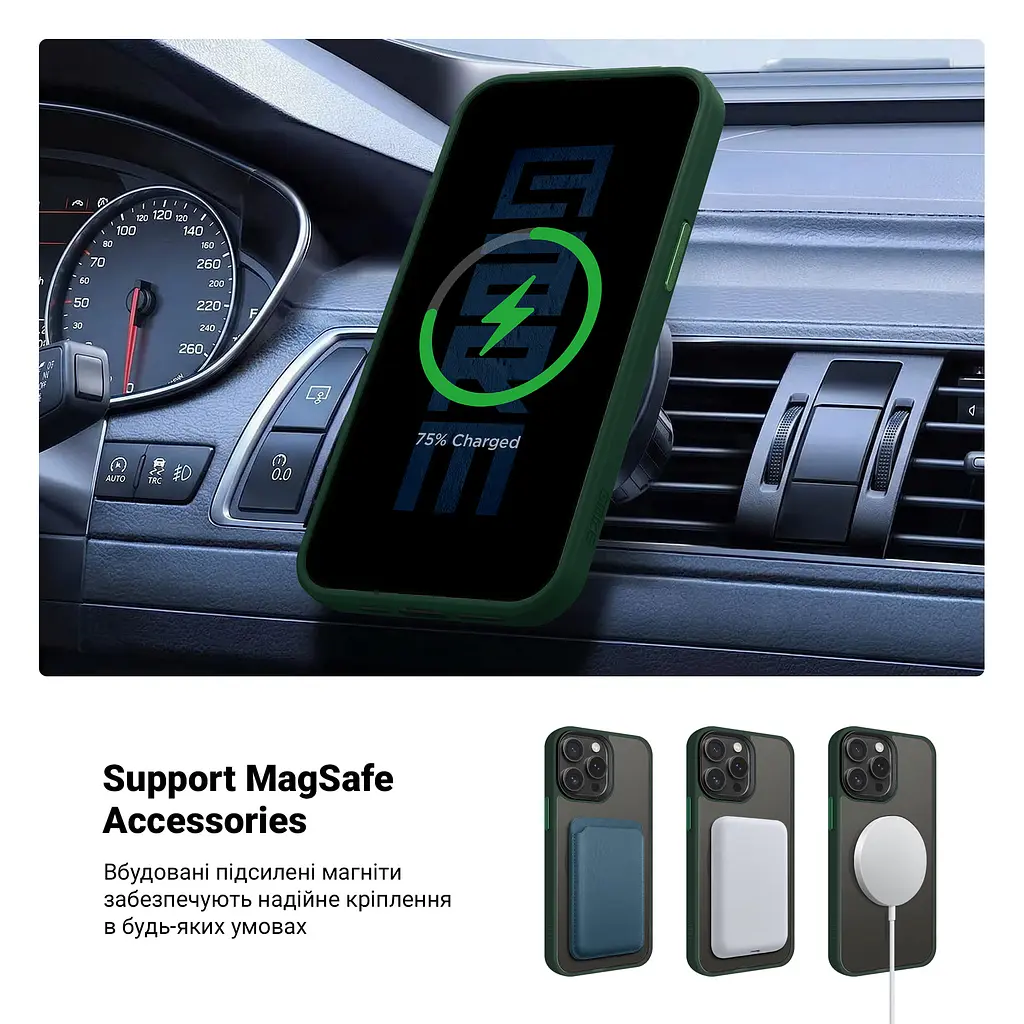 Чехол для Apple iPhone 15 Pro Max, Uniq MagCase, зеленый, противоударный, панель-накладка с магсейф, ударопрочный TPU+PC, с магнитом MagSafe, поддержка полноценной беспроводной зарядки, ArmorStandart (ARM75321) - фото 4