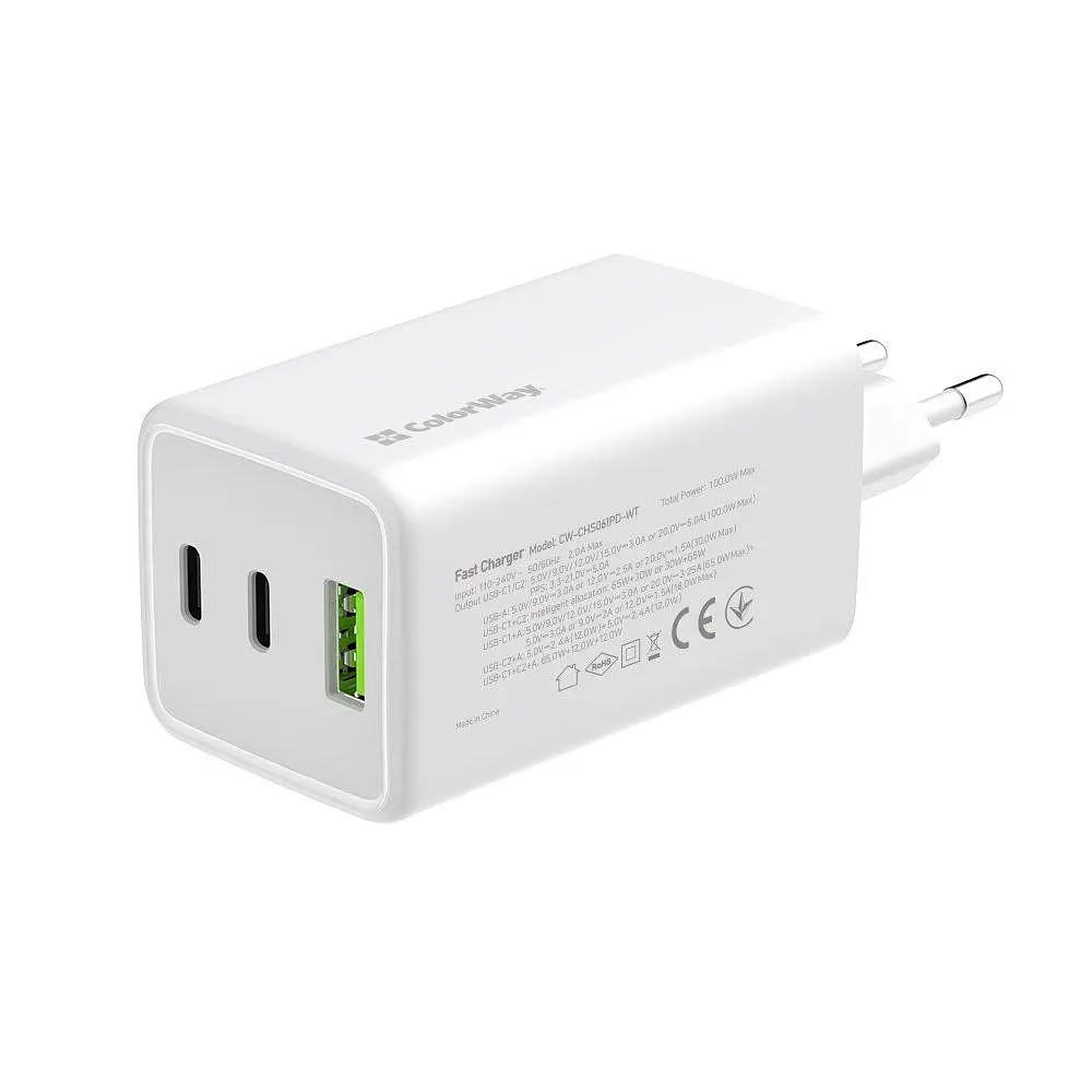 Мережевий зарядний пристрій ColorWay GaN Mini 100W PD Port PPS USB (USB-2C1A) Білий (CW-CHS061PD-WT) - фото 3