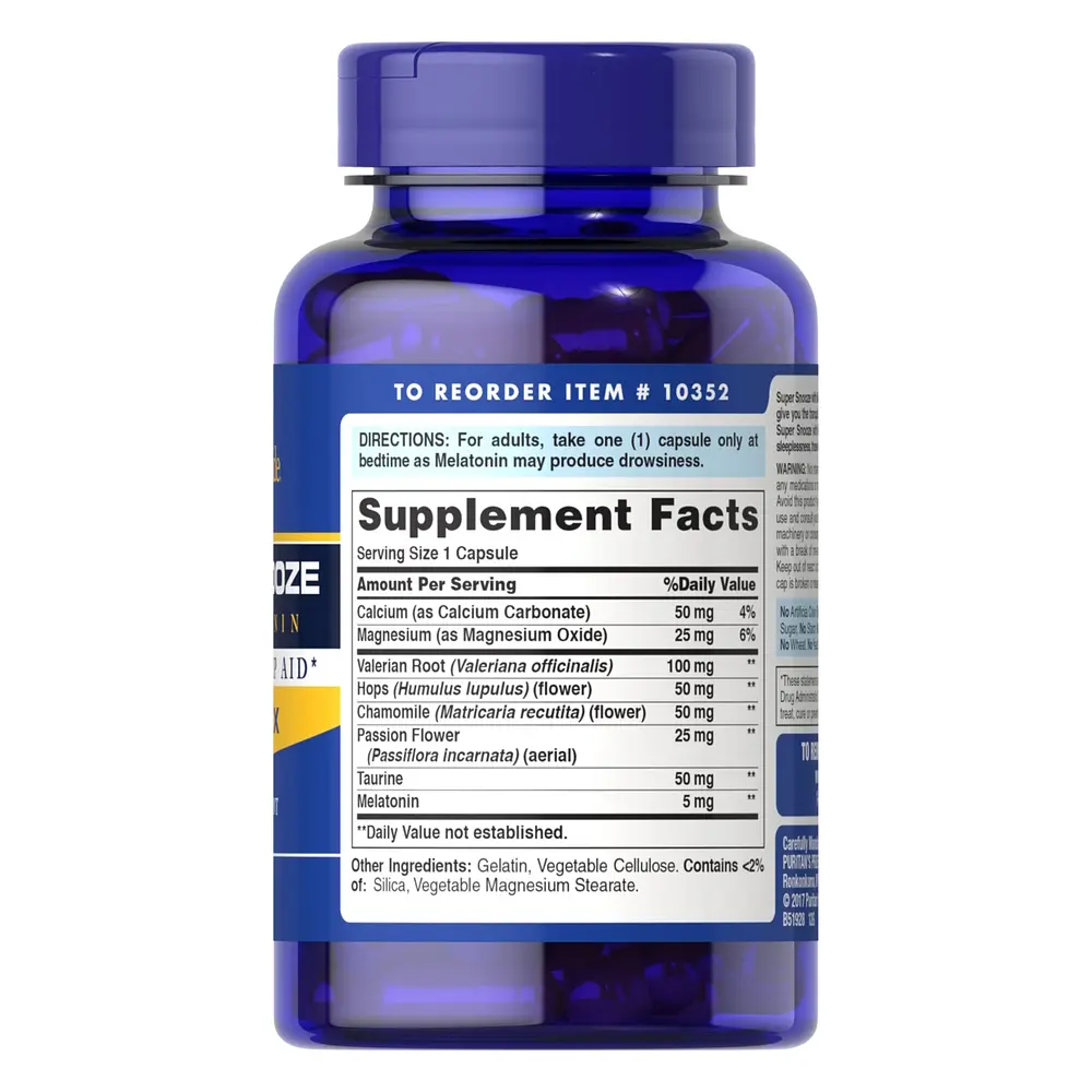 Комплекст для сну Puritan's Pride Super Snooze with Melatonin, 100 капсул з рослинними екстрактами і мелатоніном - фото 2