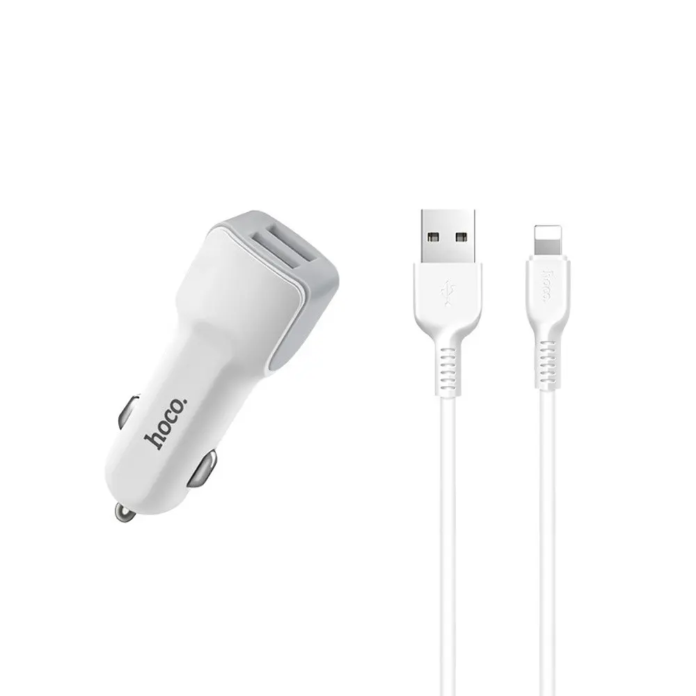 Автомобільний зарядний пристрій Hoco Z23 2 USB білий + кабель USB to Lightning - фото 4