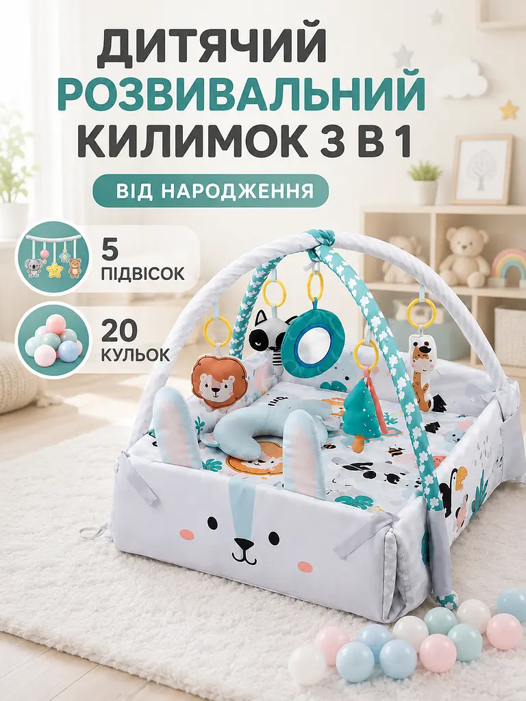 Дитячий розвивальний килимок 3 в 1 110×102×50 см з м’якими бортиками, дугами, іграшками та 20 кульками, сіро-м’ятний (49676383) - фото 9