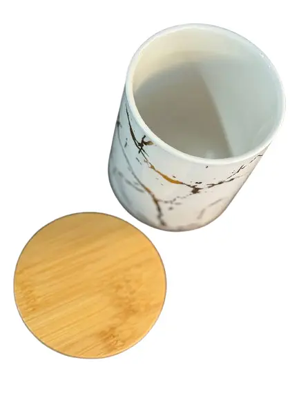 Набір банок для сипучих продуктів Cozy HP266 кераміка на дерев'яній підставці 4 предмети 500 мл Білий мармур - фото 3