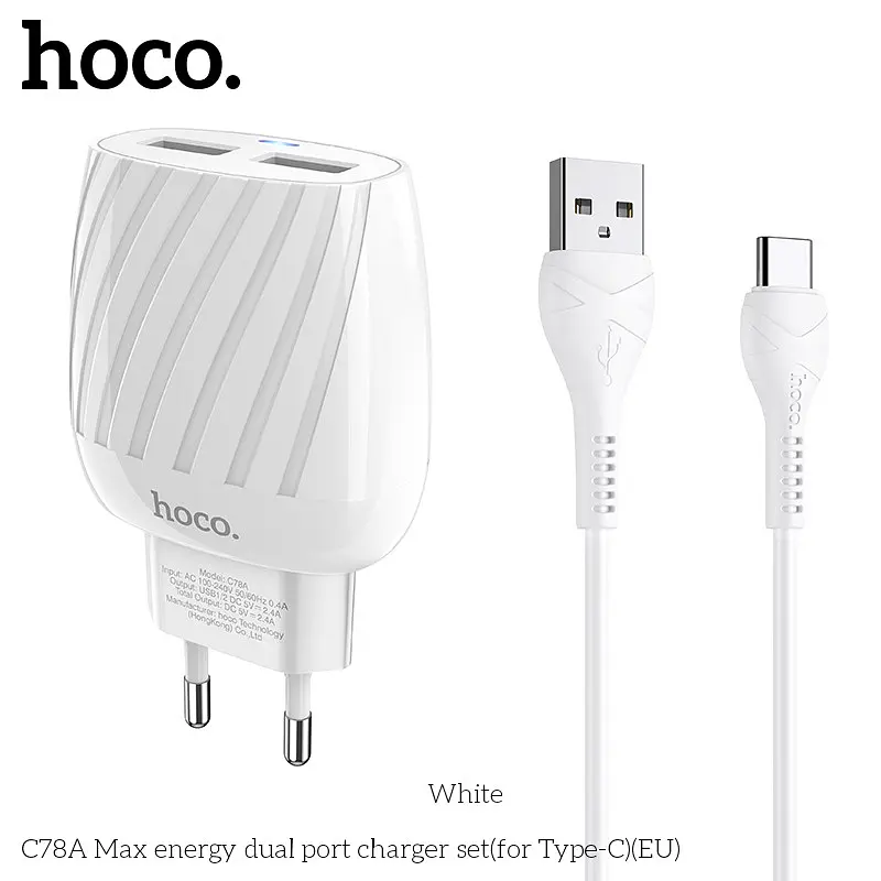 Адаптер мережевий HOCO Type-C Cable Max energy C78A 2 виходи білий - фото 5