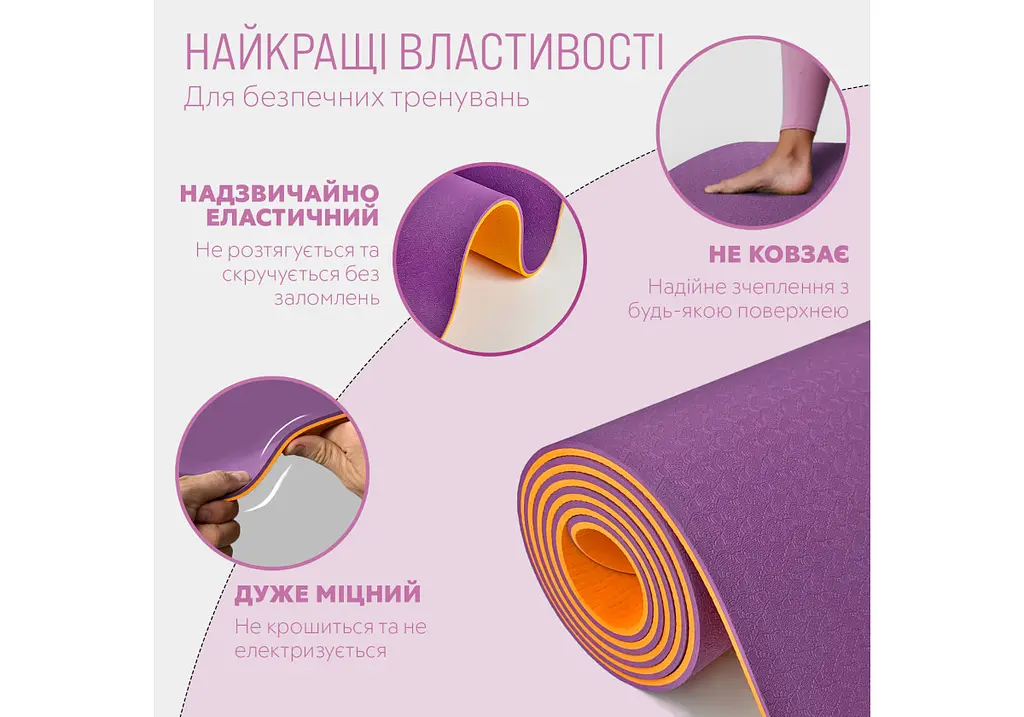 Килимок для йоги та фітнесу EasyFit TPE+TC 6 мм двошаровий фіолетово-оранжевий (EF-1924-VO) - фото 3