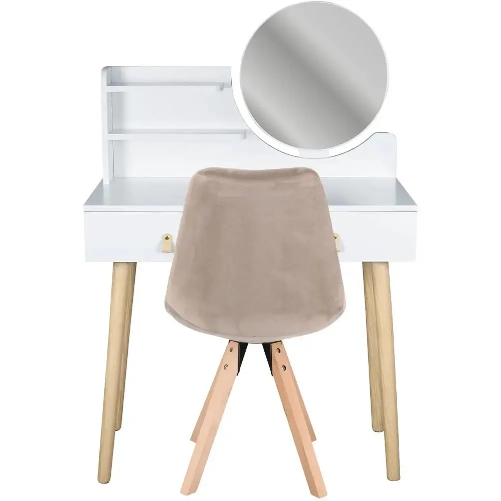 Туалетный столик Jumi Scandi с зеркалом (кожаные ручки) белый + стул Saida бежевый - фото 3