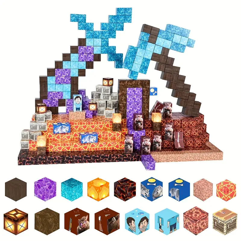 Магнітний конструктор Minecraft 100 шт + 3 фігурки по грі Майнкрафт Вулканічна зброя Mk001015 - фото 7