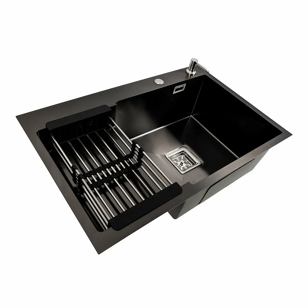 Кухонная мойка 78x50С R PVD черная Platinum Handmade (углубленная полка, 3.0/1.0 мм), Черный - фото 7
