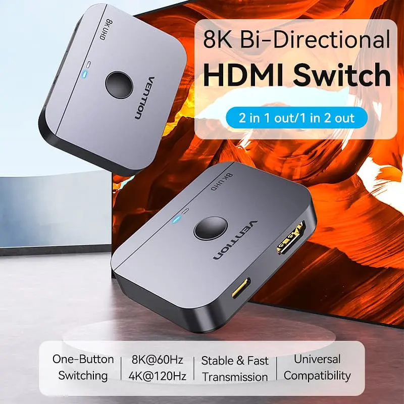 Перемикач двонаправлений Vention Switch HDMI 2.1 8K 60Hz 3D HDCP HDR Dolby 7.1 2 in 1 out - фото 6