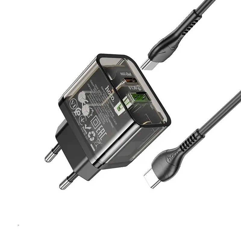 Сетевое зарядное устройство с кабелем Hoco N34 Dazzling dual-port PD20W+QC3. 0 charger set(Type-C to Type-C) Transparent черный - фото 3