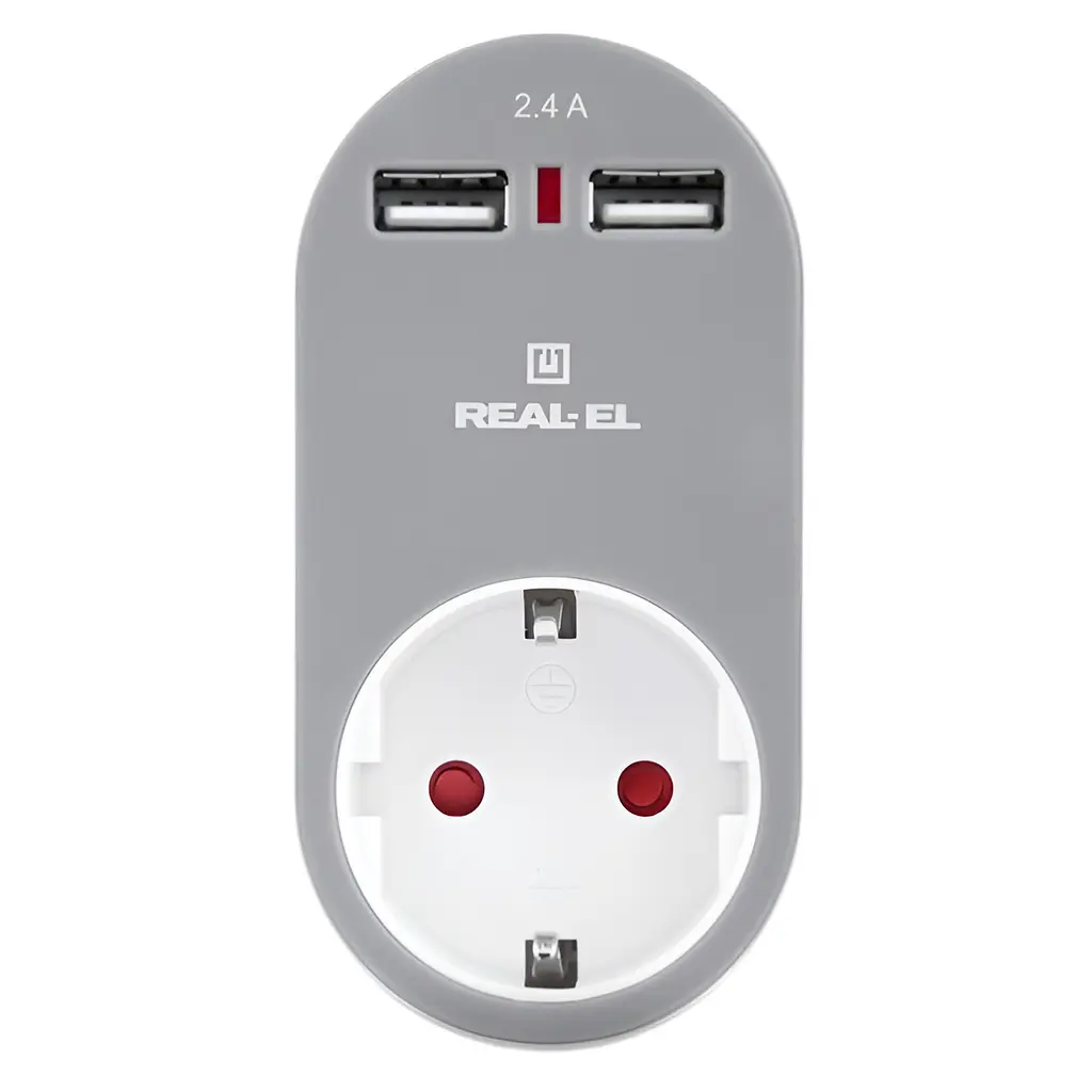 Мережевий зарядний USB-пристрій з розеткою REAL-EL CS-20, білий-сірий - фото 2