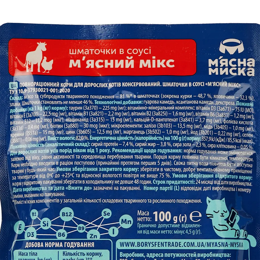 Влажный корм для кошек Мясная Миска кусочки в соусе мясной микс 2.4 кг (24 шт. х 100 г) - фото 4