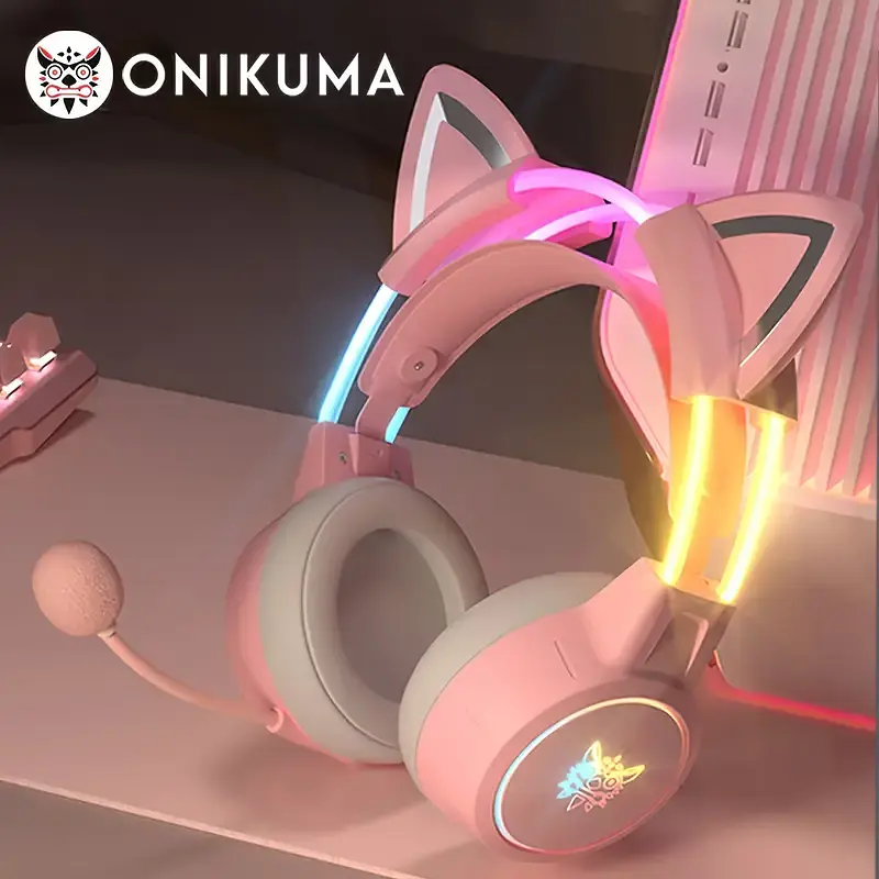 Накладні ігрові навушники Onikuma X15 Pro дротові з гарнітурою і котячими вушками та RGB-підсвіткою рожеві - фото 2