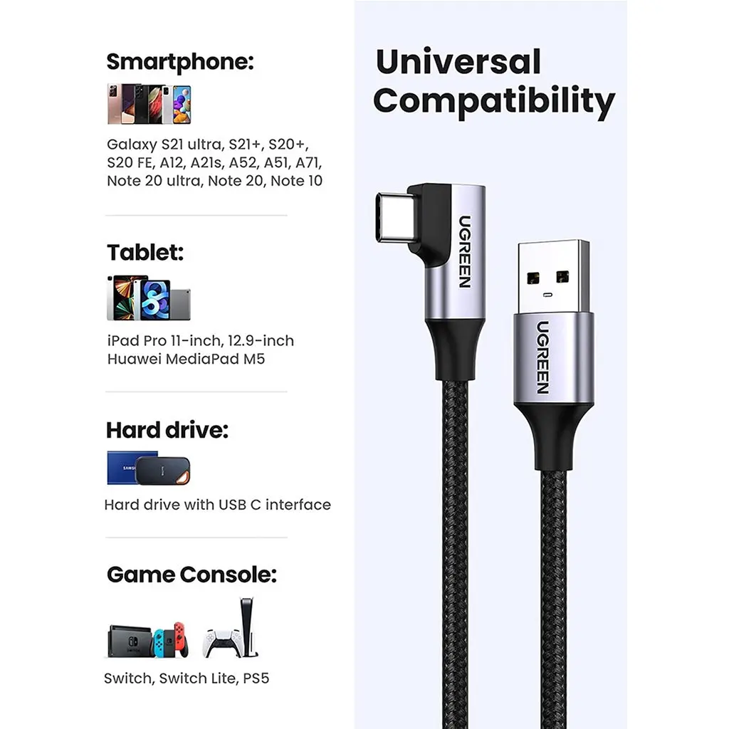 Дата кабель USB 3.0 AM to USB-C 1.0m 60W US385 90° Black Ugreen (20299) - фото 5
