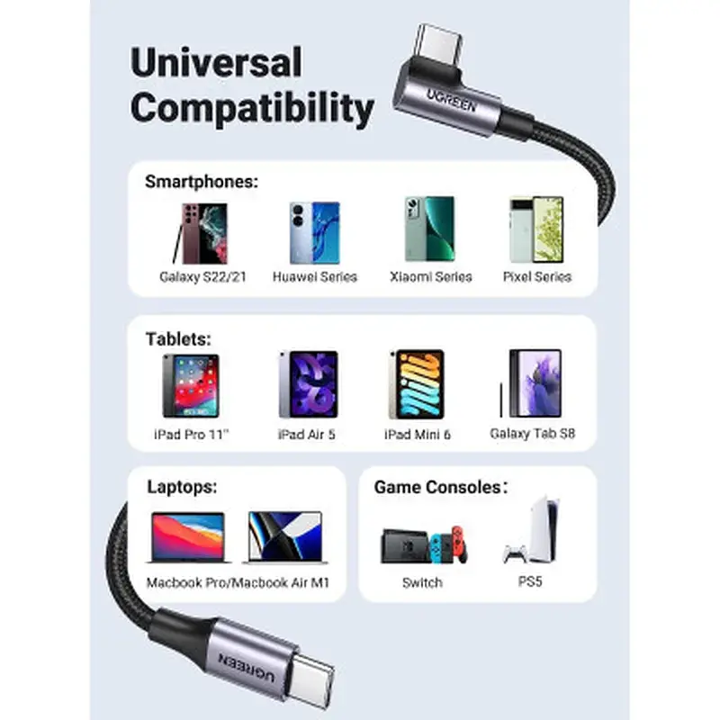 Дата кабель USB-C to USB-C 3.0m 60W US255 90-degree Angle Black Ugreen (80714) - фото 7