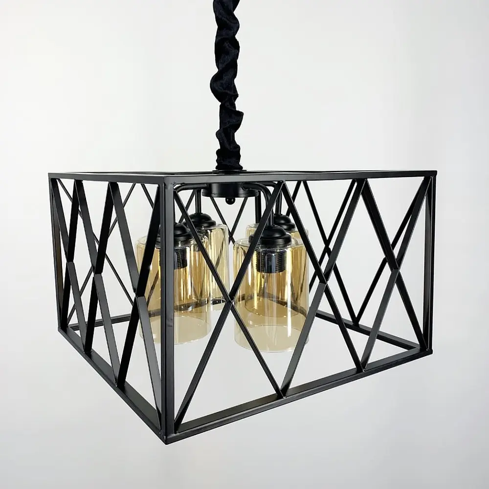 Сдержанная люстра в металлическом каркасе на 4 лампы Line.F Цвет плафона Янтарный - фото 4