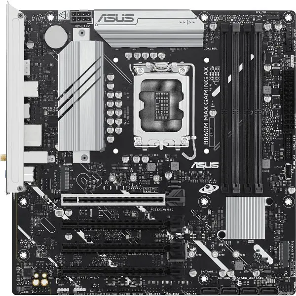 Материнская плата LGA1851, Asus B860M MAX GAMING AX, B860, 4xDDR5, 1xPCI-E 5.0 x16, 3xPCI-E 4.0 x16, 4xSATA3, 3xM.2, Realtek 7.1, Realtek 2.5Gb, WiFi 6, Bluetooth 5.4, DP/Type-C, MicroATX - фото 2