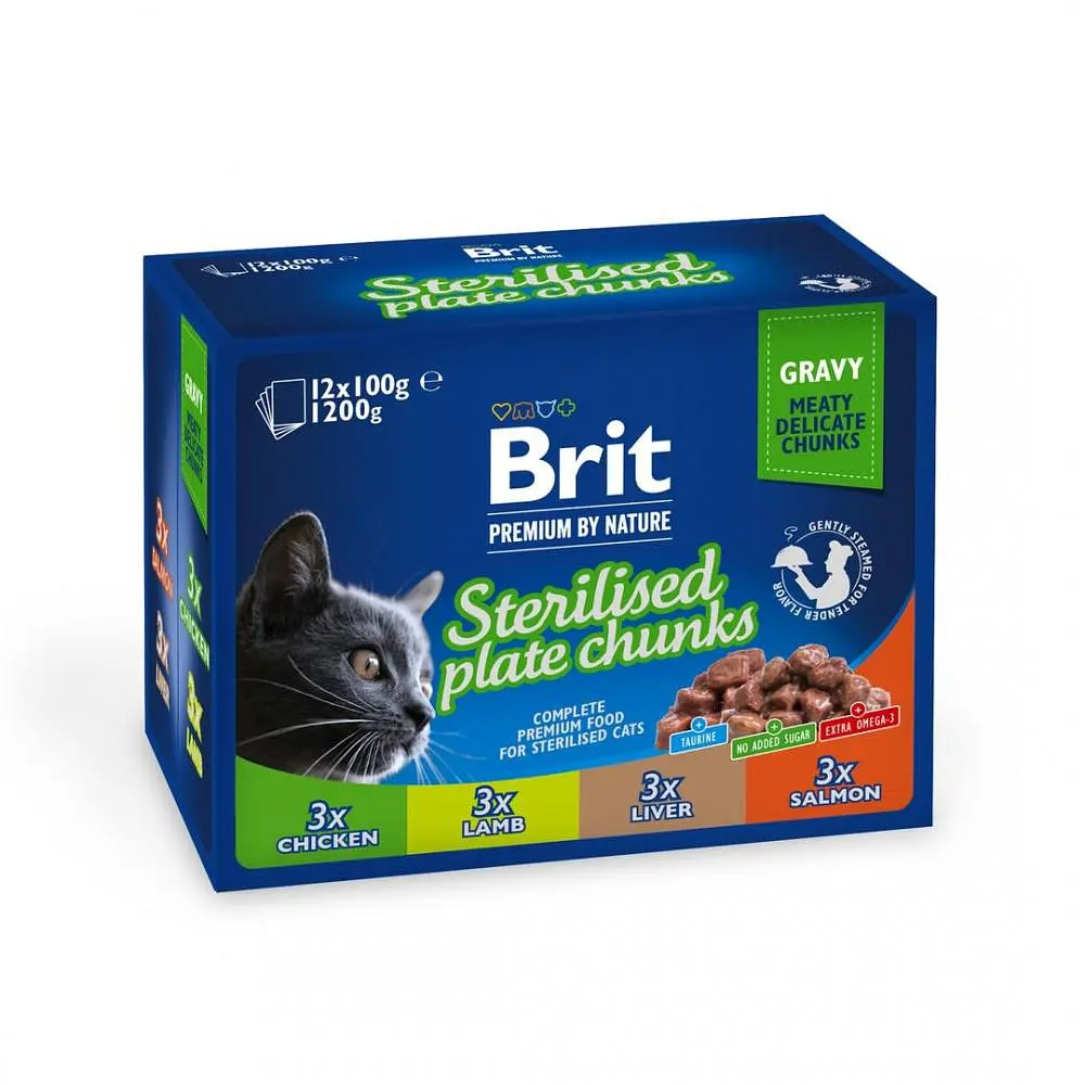 Влажный корм Brit Premium Cat Набор паучей семейная тарелка для стерилизованных кошек, ассорти 4 вкуса, 100 г х 12 шт. - фото 6