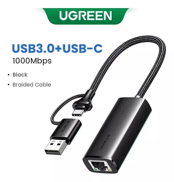Адаптер для сетевого кабеля UGREEN CM650 USB C+USB A to RJ45 Gigabit Ethernet Adapter 1000Mbps для MacBook Pro - фото 3