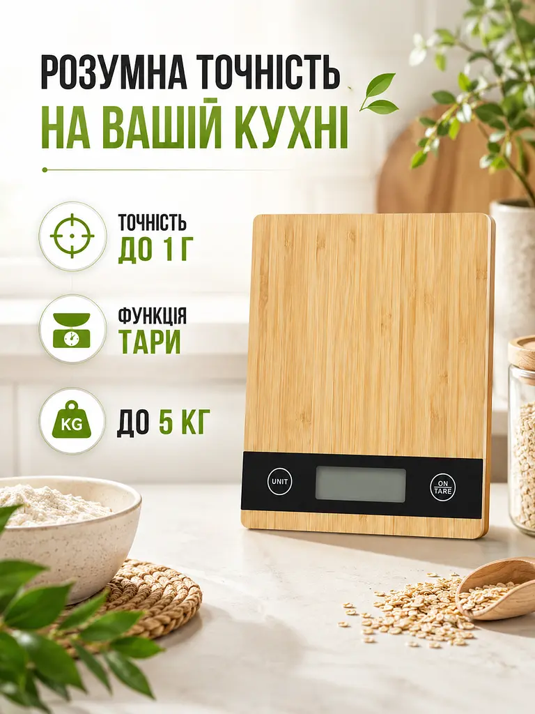 Бамбукові цифрові ваги для кухні до 5 кг з дисплеєм і функцією тари (49676010) - фото 5