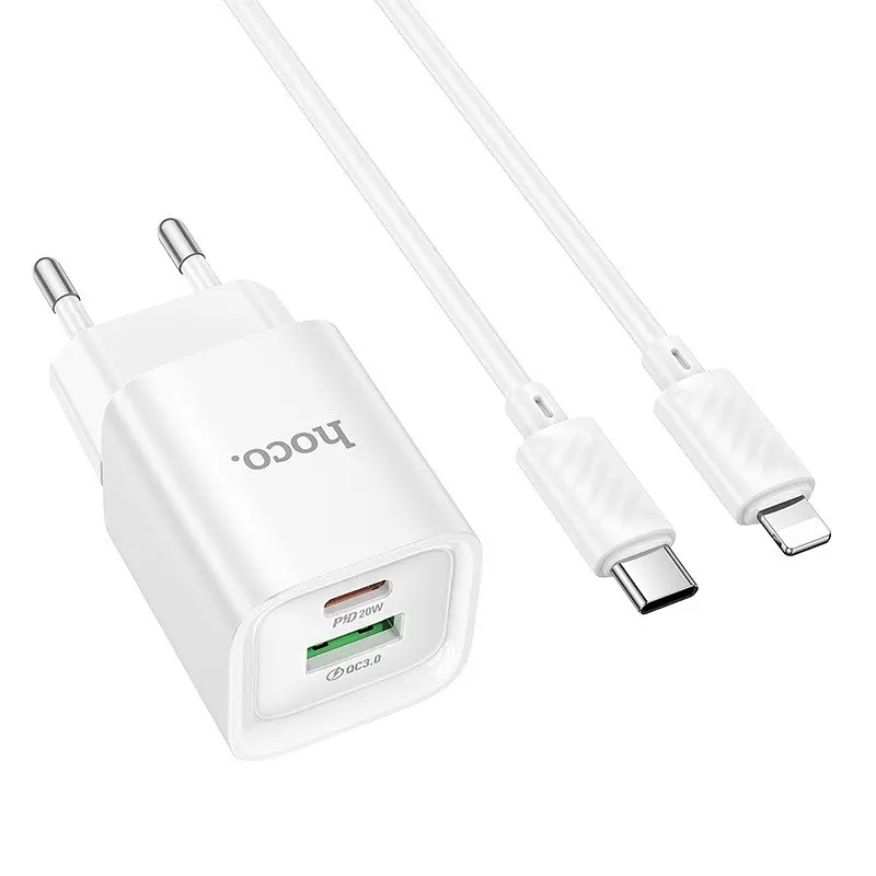 Сітчастий зарядний пристрій HOCO C147A Charm PD20W+QC3.0 charger set (C to iP)(EU) білий - фото 3