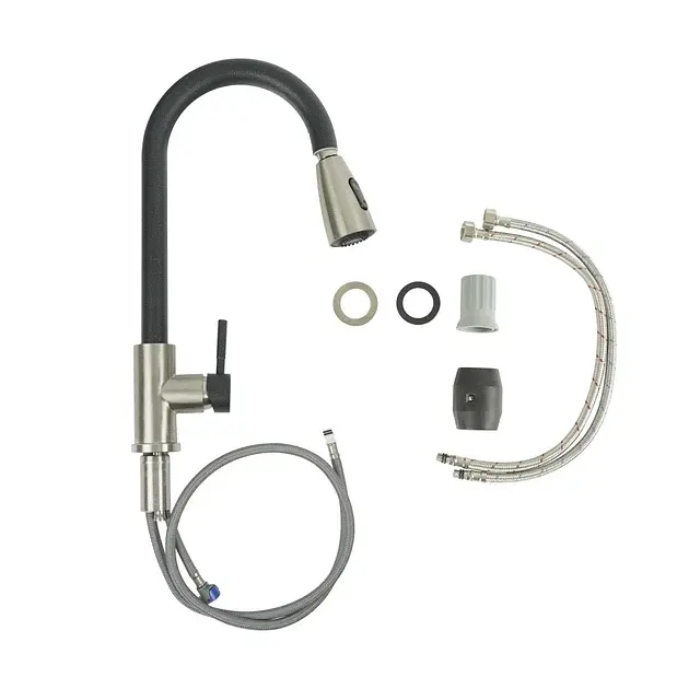 Смеситель кухонный Platinum KT 8203 (8614) однорычажный с выдвижным изливом черный металлик комби - фото 2