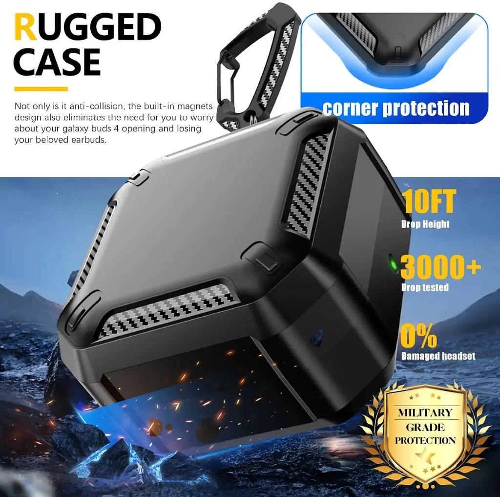 Чохол Primo Magnet Lock Rugged TPU для навушників Samsung Galaxy Buds 4 / Buds 4 Pro з карабіном - Black - фото 5
