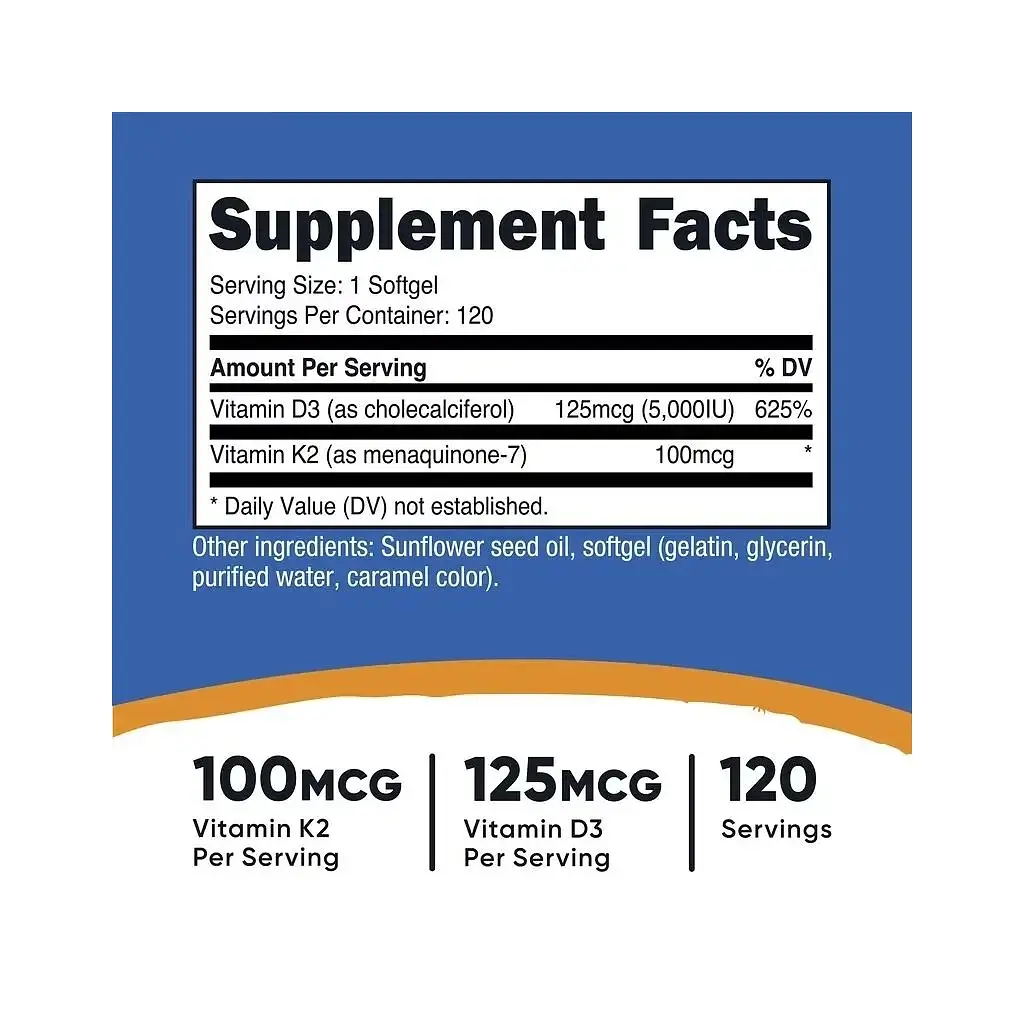 Вітамінно-мінеральний комплекс Nutricost Вітамін K2 та вітамін D3, Vitamin K2 + Vitamin D3, 120 гелевих капсул (NCS00866) - фото 3