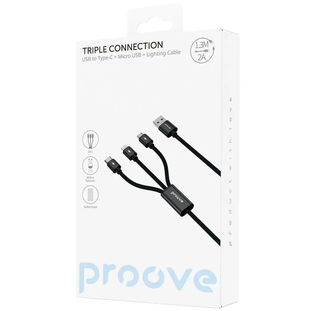 Кабель Proove Triple Connection 3 in 1 Type-C + Micro USB + Lightning (1.3m) black (CCTC15001501) - фото 2