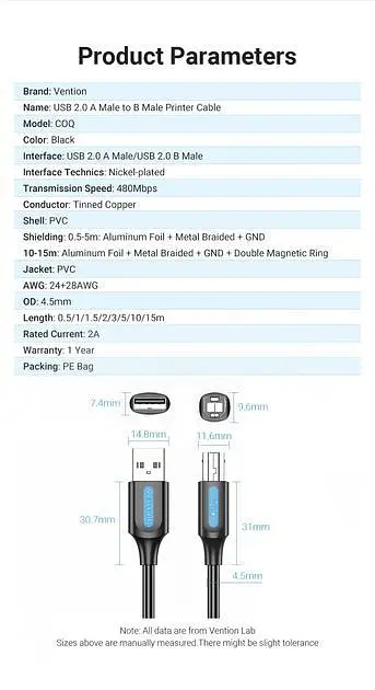 Кабель Vention USB type А 2.0 — USB type B для принтерів, БФП 2.0 480 Мбіт/с 2 A 2 м Black (COQBH) - фото 9