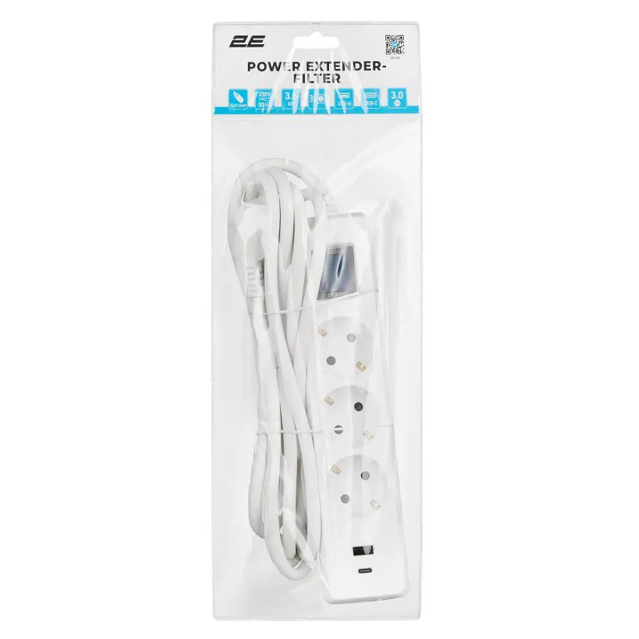 Мережевий фільтр-подовжувач 2E SP-315M-3USB-WH 3 м, 3xТипF, 16A, 1xUSB-A,1xUSB-C - фото 6