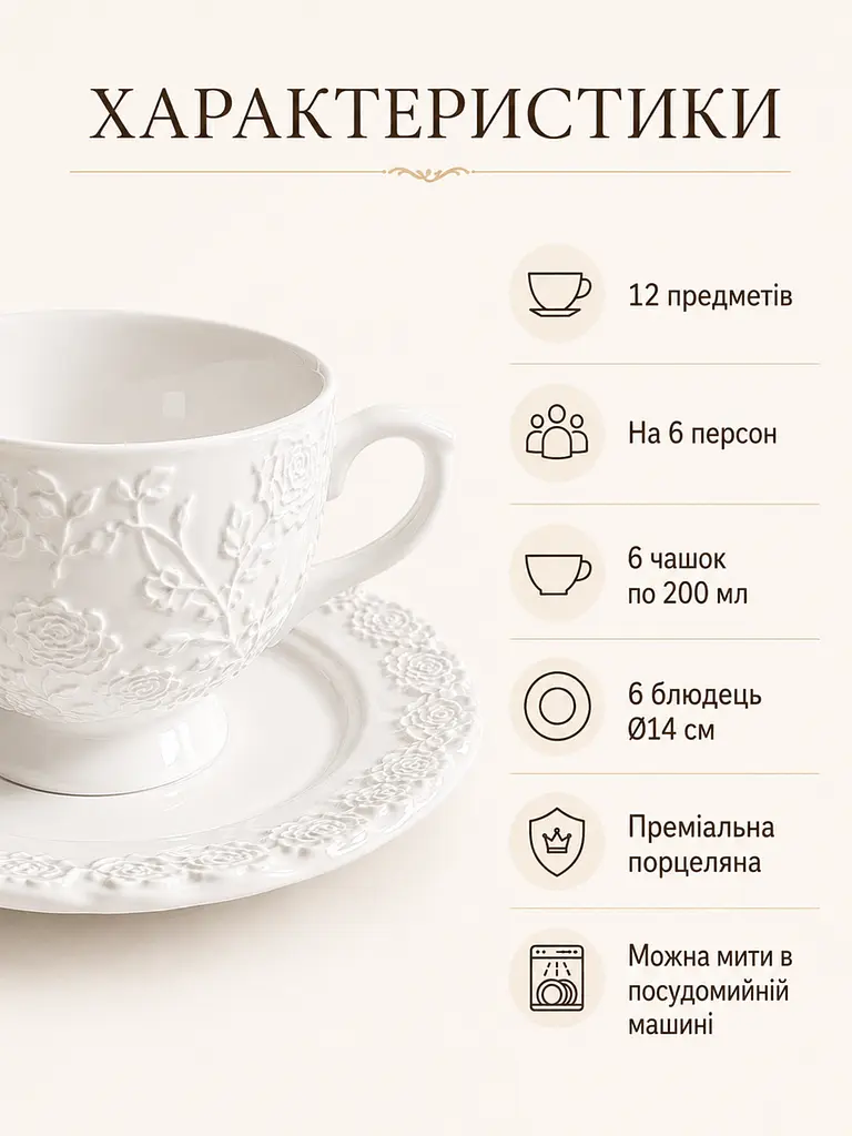 Чайний сервіз з порцеляни 12 предметів на 6 персон для дому білий (37261975) - фото 4