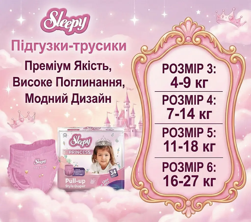 Підгузки-трусики дитячі Sleepy Princess midi 3 (4-9 кг) 34 шт. для дівчаток - фото 3
