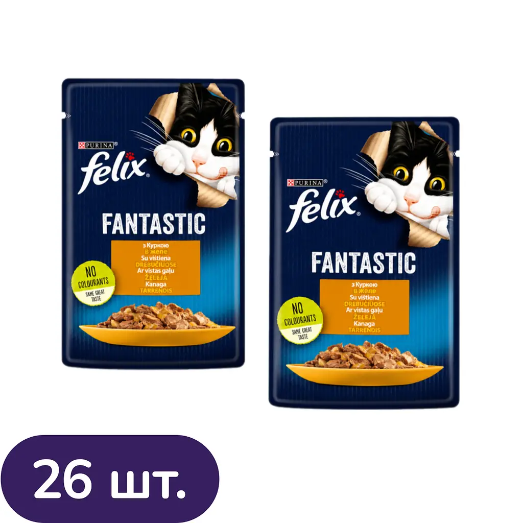 Вологий корм для котів Felix Fantastic, шматочки в желе, з куркою 2.21 кг (26 шт. х 85 г)