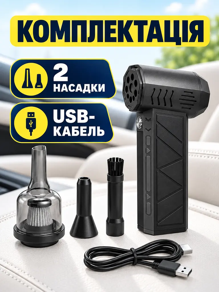 Акумуляторна повітродувка міні 3000 мА·год, 3 швидкості, потік 39,5 м/с, ручний турбовентилятор з насадками, чорна (49676396) - фото 7