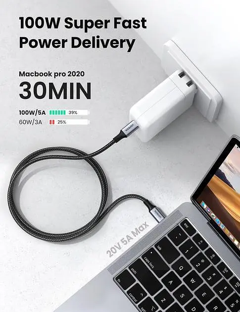 Кабель UGREEN US316 USB-C to USB-C 100W QC4.0 PD3.0 5A 3m Black (90120) - фото 3
