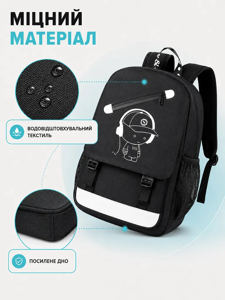 Рюкзак міський шкільний Fortnite 46×30×14 см для ноутбука, А4, з USB і світним малюнком, чорний (49676328) - фото 6