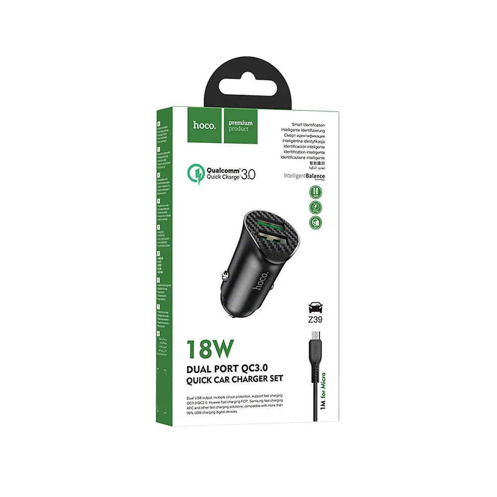 АЗП Hoco Z39 Farsighted dual port QC3.0 Car charger set (Micro) Black - фото 2