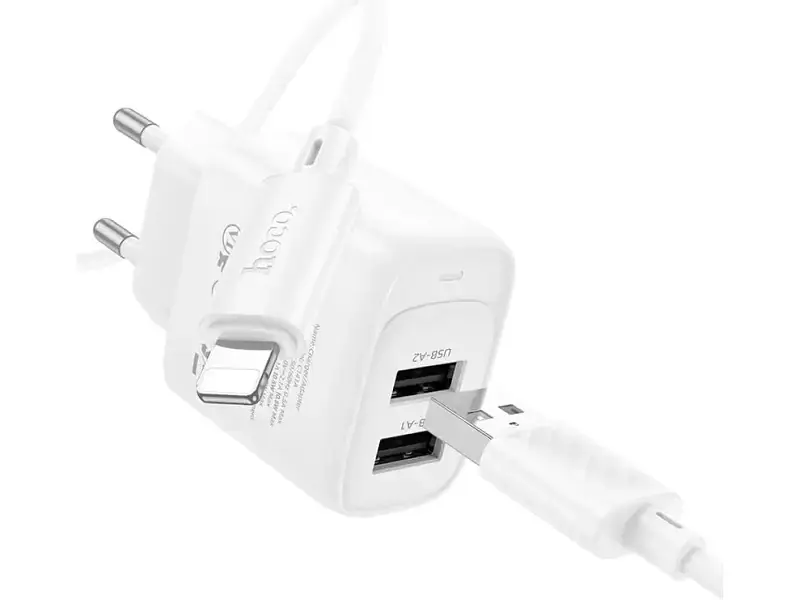 Мережевий зарядний пристрій Hoco C141A Smart dual-port Type-A to Lightning cable White (6942007627870) - фото 2