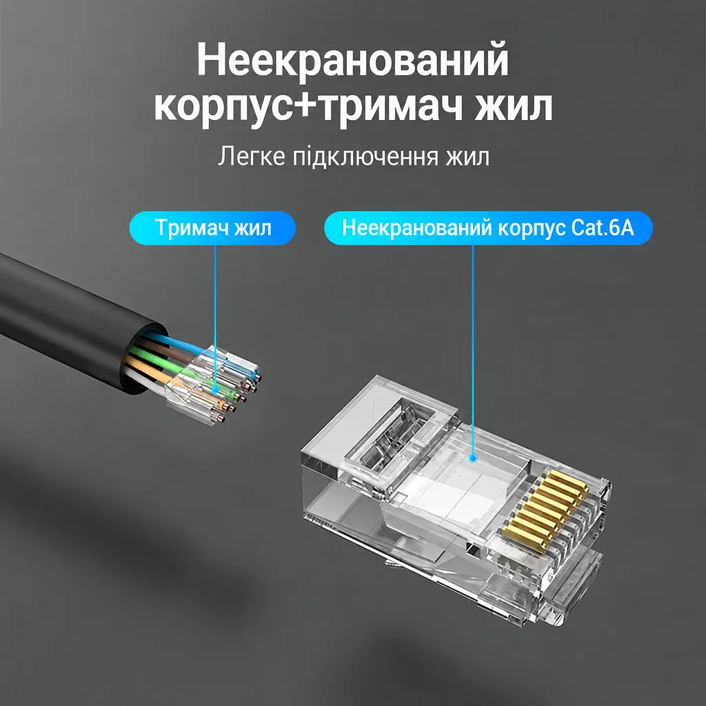 Модульные штекеры RJ45 для сетевого кабеля Vention 50 шт. Cat.6A UTP для одножильного и многожильного провода 23–26 AWG с диаметром отверстия для провода 1,5 мм непроходные с отдельной направляющей-вставкой для жил позолоченные контакты прозрачные корпуса (IDGR0-50) - фото 2