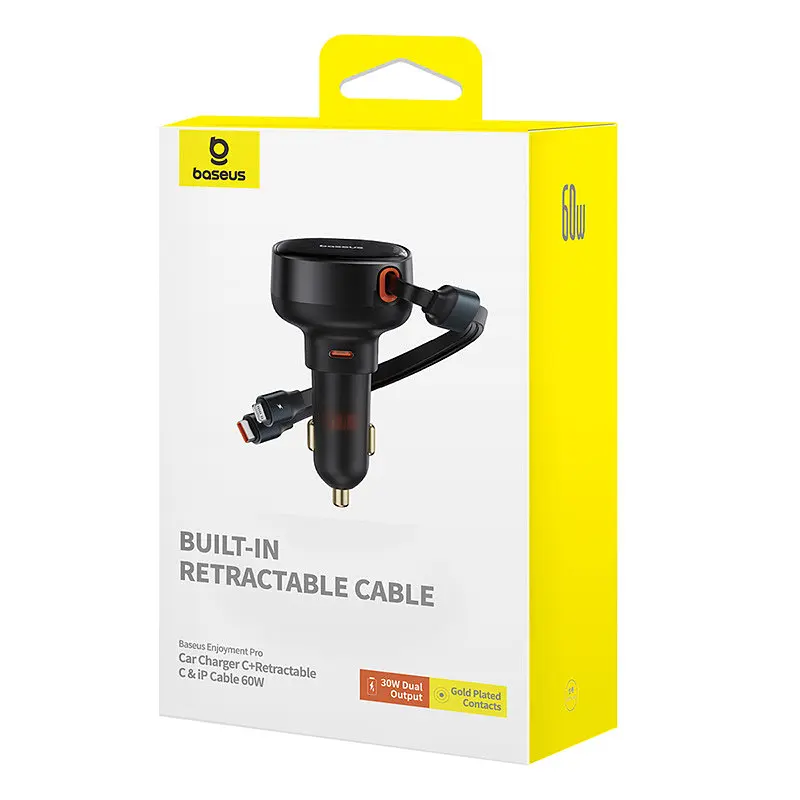 Автомобільний зарядний пристрій Baseus Enjoyment Pro Car Charger C+Retractable C & iP Cable 60W Cluster чорний - фото 2