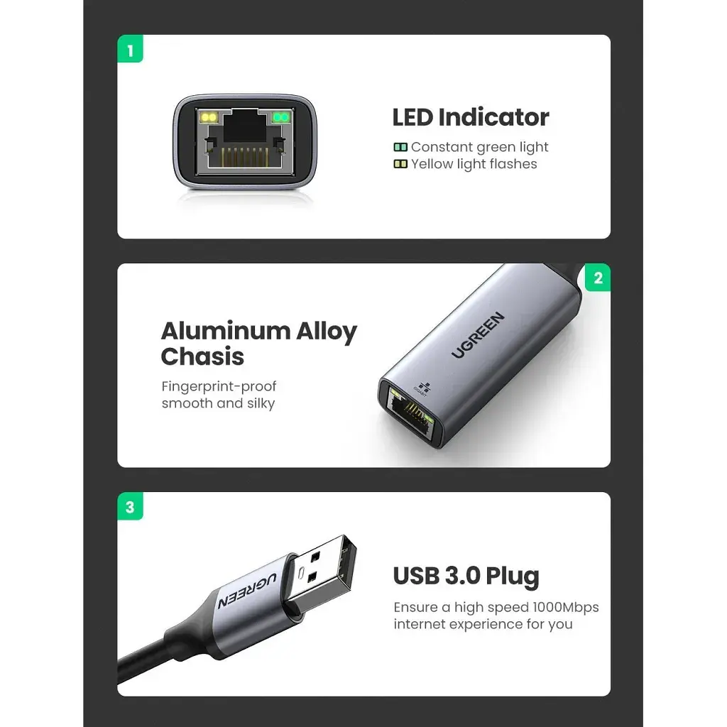 Перехідник USB 3.0 AM to RJ45 Ethernet 1000Mbps CM209 Ugreen (50922) - фото 2
